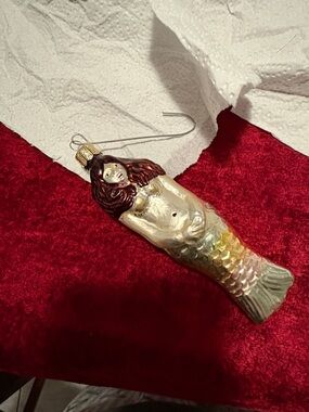 Glass Mermaid Ornament in Pearl, Gold, and Maroon vintage